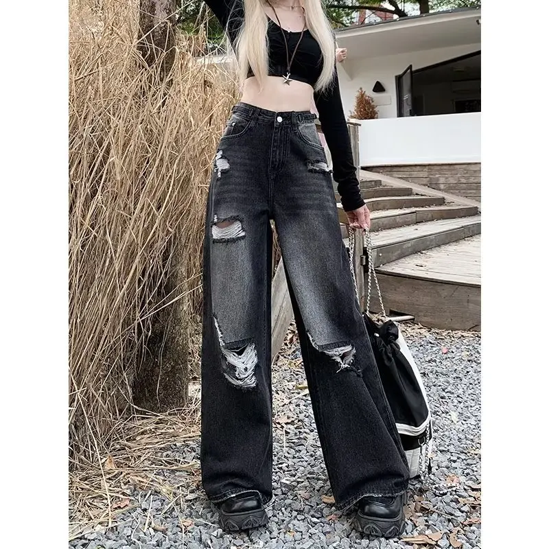 Y2K Style Jeans Women\'s High Street Black Loose Jeans with Wide-Leg High Street Straight High Waisted Mop Pants