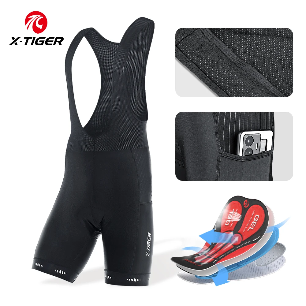 

X-TIGER Men's Cycling Bib Short with Phone Pockets 5D Padded Shockproof Breathable Quick-Dry Biking Bicycle Bib Tights