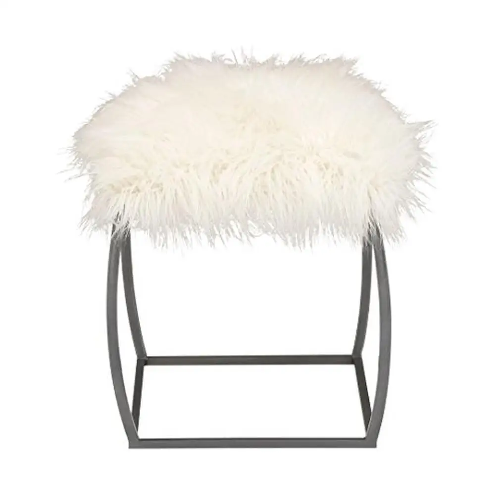 

Square Wood and Metal Fur Stool Contemporary Settings Fluffy White Seat Sturdy Frame 17x17x20 No Assembly 250lb Capacity Unique