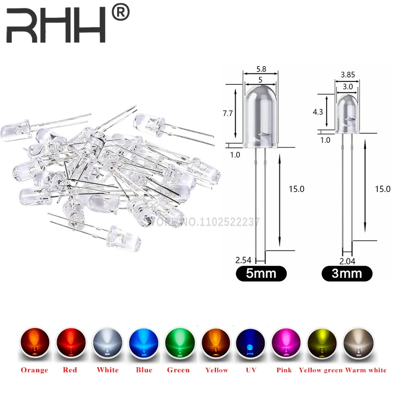 100-1000 peças 3/5mm led branco/azul/vermelho/amarelo/verde/rosa/roxo lâmpadas/5mm cor branca diodo emissor de led f5 branco/uv led