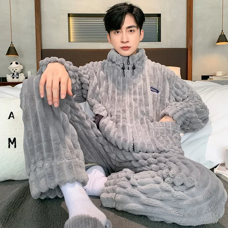 Coral Fleece Men Winter Warm Pajamas Sets Stand Collar Fluffy Coat Trouser Sleepwear for Sleeping Men\'s 2 Pieces Loungwear New