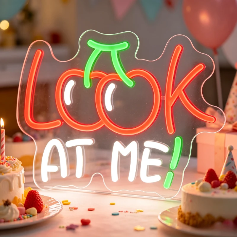 

Look At Me Neon Sign LED Birthday Cake Topper USB Night Light Aesthetic Party Decor Desk Sign Wall Art for Baby Shower Holiday
