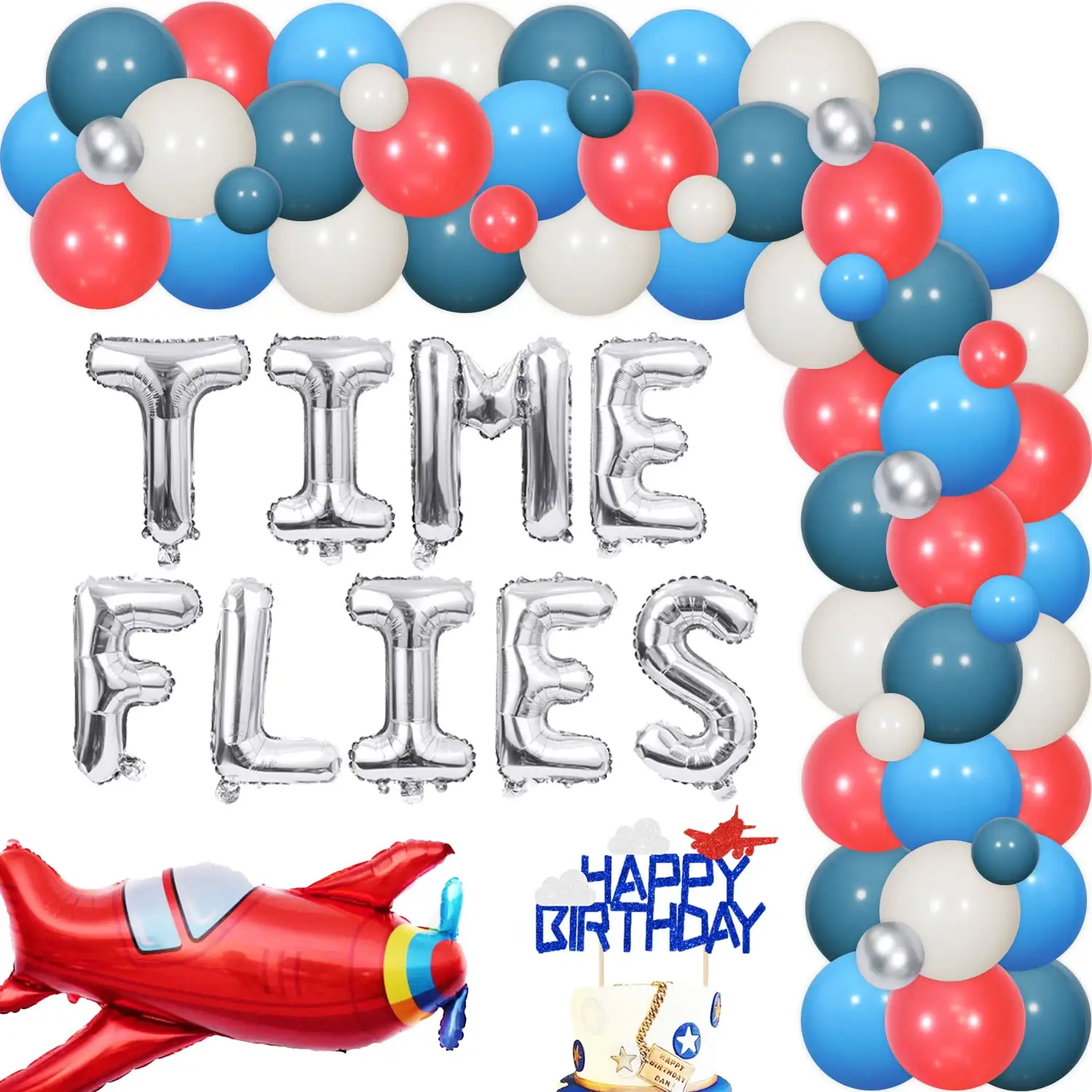 

Time Flies Airplane Theme Party Decorations for Boys Aircraft Balloon Garland Arch Kit and Letter Foil Balloons Cake Topper