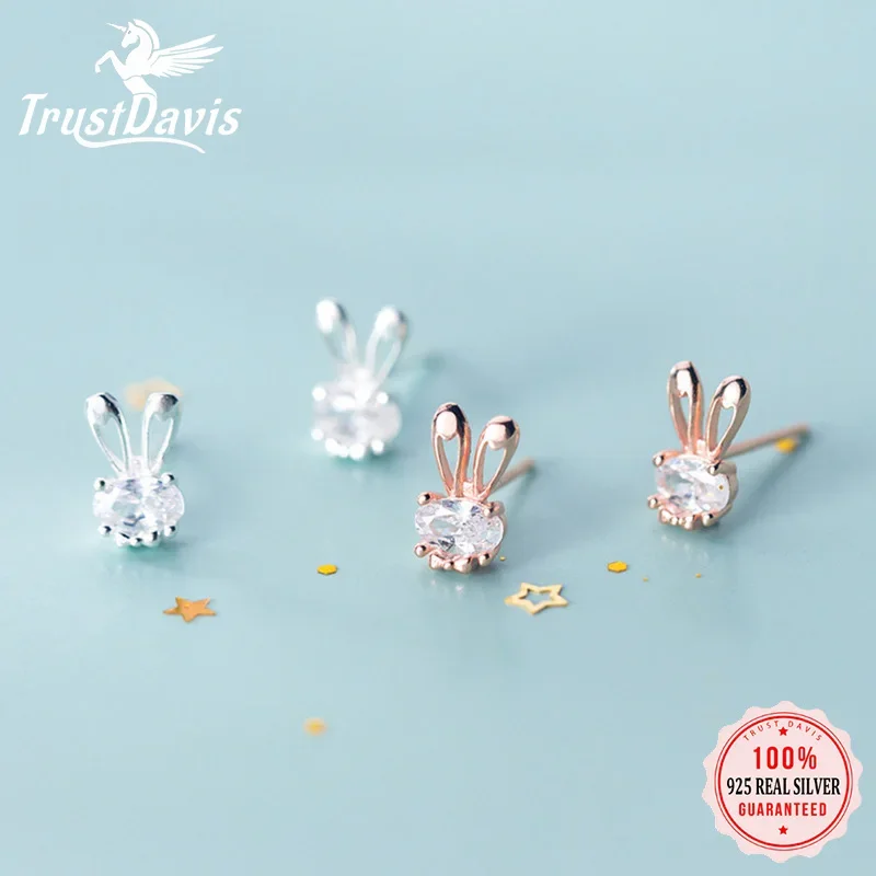 Trustdavis 100% 925 Solid Real Sterling Silver Jewelry Cute Little Rabbit CZ Stud Earring Gift For Girls Kids Lady Jewelry DA284