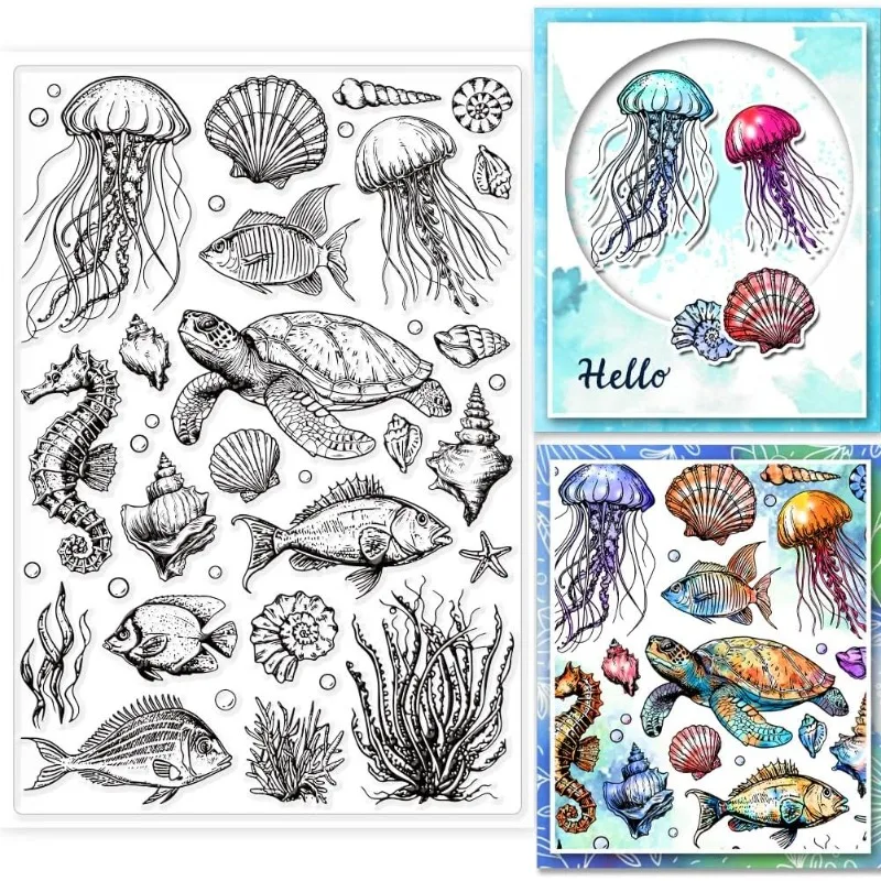 1pc Marine Life Background Clear Stamps Ocean Animals Clear Rubber Stamps Silicone Stamps for DIY Scrapbooking 6.3x4.33inch