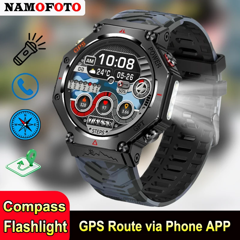 

NAMOFOTO GPS Smartwatch 1.39'' 530mAh Large Battery LED Flashlight Compass Heart Rate Life Waterproof Bluetooth Call Smart Watch