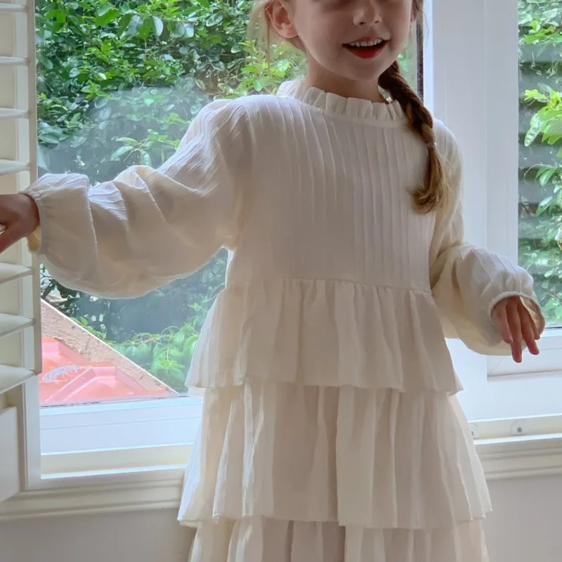 

26 Spring Summer Beige Cotton Girls Dress New Stylish Baby Children's Vintage Causal Princess Skirt 3-12 Years Outfit Zipper