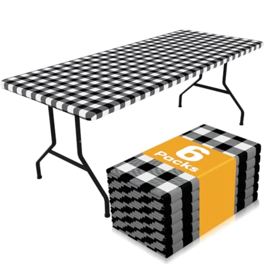 

Picnic Table Cloth 6 Pack, Waterproof Elastic Fitted Tablecloths for 6Feet Rectangle Tables, Washable Polyester Buffalo Plaid T
