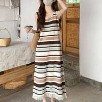 Folk Contrasting Colors Striped Long Dress Vintage Summer Sleeveless Fashion Tassel Spliced Female A-Line Casual O-Neck Sundress