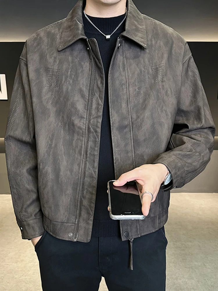 

Retro American Sle Men's Biker Jaet PU Leather Spring Autumn Faionable High-End Collared Coat Youth Stand Fit Zipper