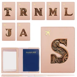 Pu Passport Case Airplane Travel Pocket Passport Cover Business Passport Clip Bank Card Organizer Cover Wood Art Letter Pattern