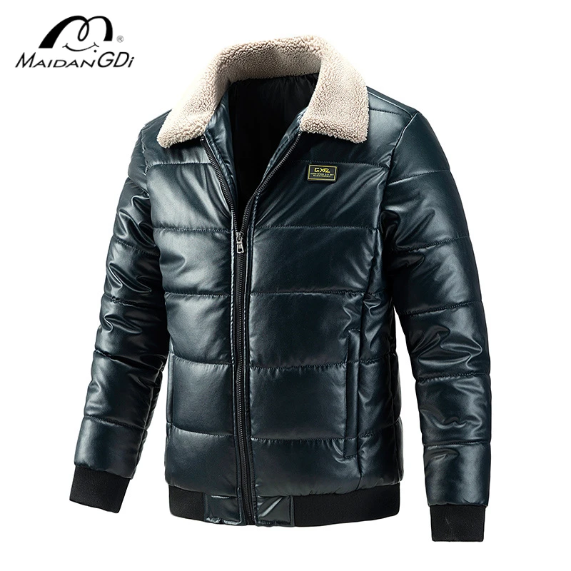 MaiDangDi New European and American Leather Jacket Men's Leather Cotton Coat Fur Collar Trendy Men's Winter Coat Thickened