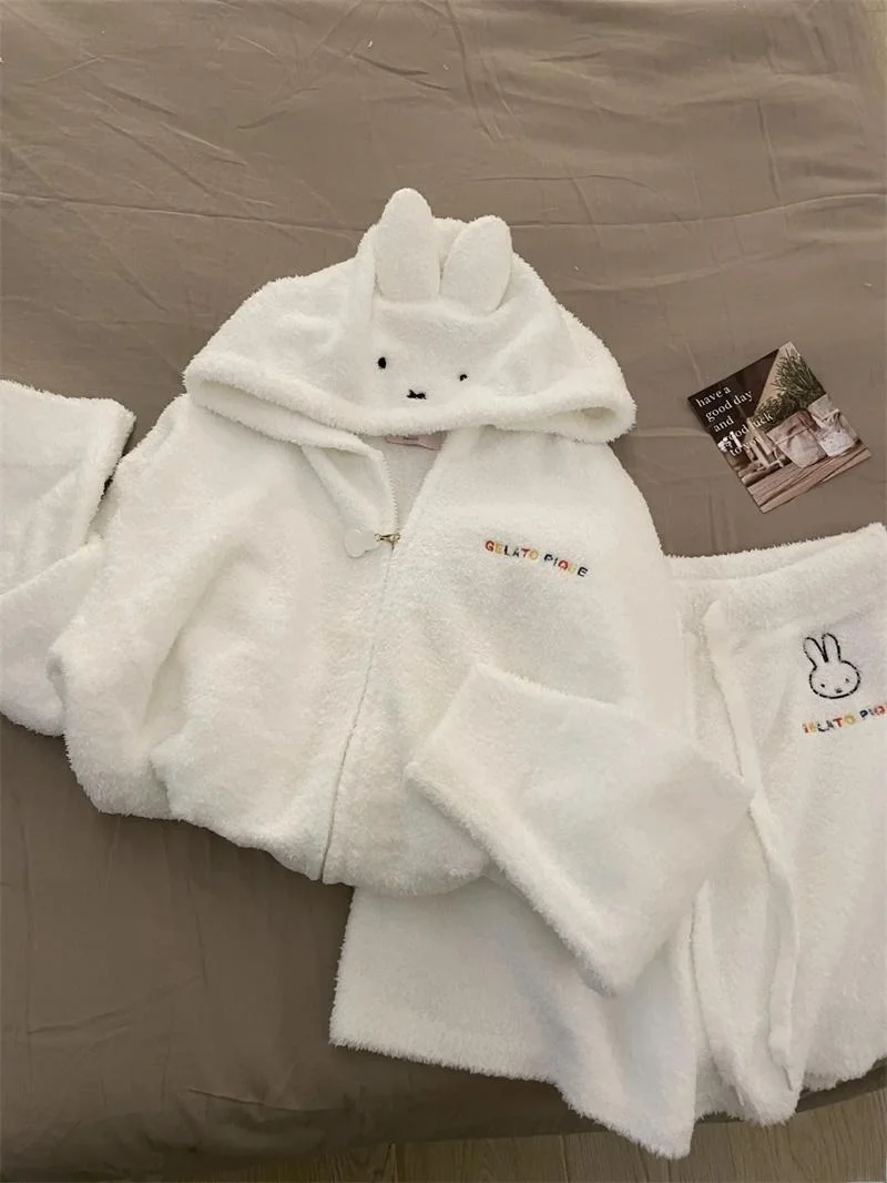 

Rabbit Soft Plu Jaet orts Set Women's Spwear Outerwear Comfortable Winter Coat Korean Sle Long Sve Hoodie