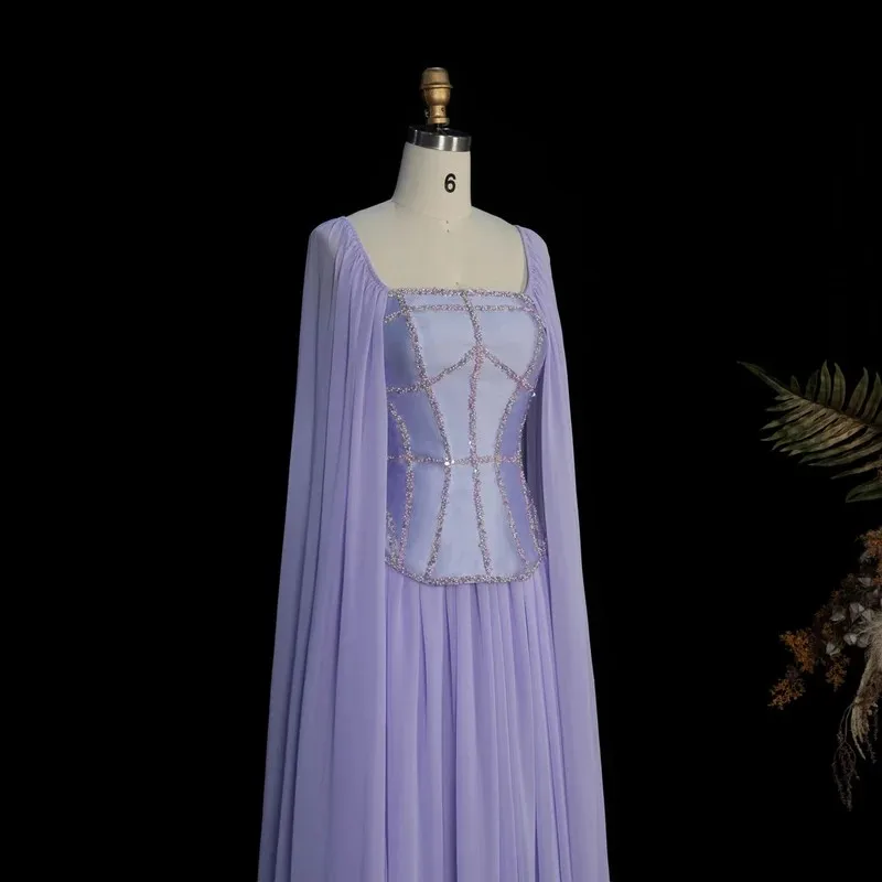 Luxury Lavender Evening Dresses 2026 Trend Square Neck Beaded Corset Bodice Chiffon Cape Sleeves A Line Elegant Paty Dresses - view 2