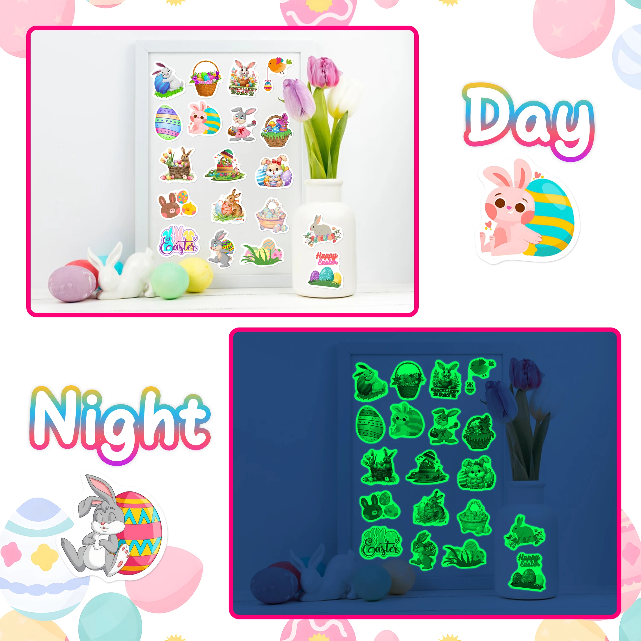60 stuks paasstickers glow in the dark, paasei ronde stickers voor waterfles, waterdichte vrolijke paasvakantie