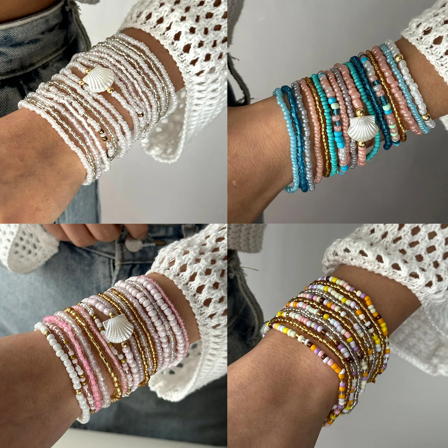 17-teiliges Boho Muschel-inspiriertes Perlenarmband-Set für Frauen Pastellfarbener Mehrlagiger Handgelenkschmuck Sommer Strand Urlaub Accessoires – Detail 4