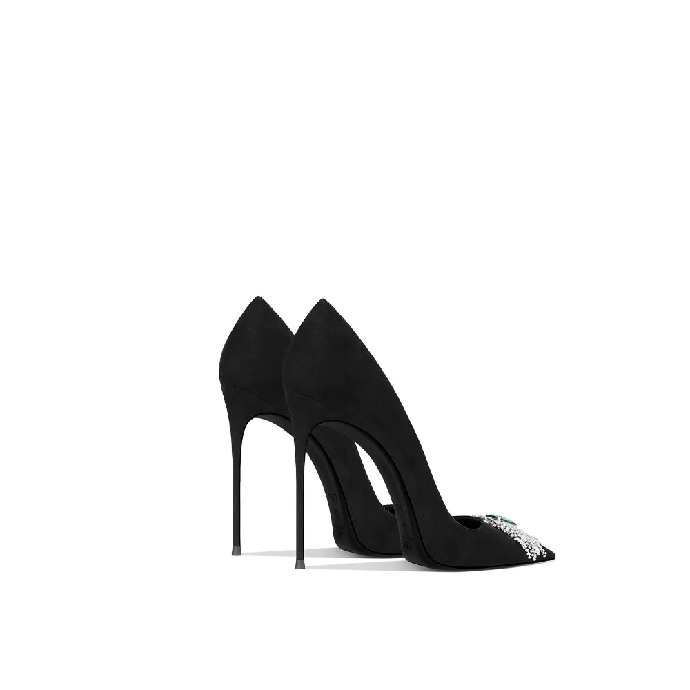 

2025 Spring New Design Black Suede Emerald Rhinestone Stiletto Pointed Toe High Heels Women Shoes
