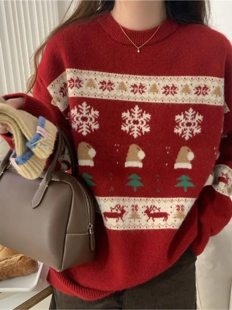 

Рождественская зимняя одежда 2025 года, женская универсальная свободная одежда в простом стиле, удобная винтажная повседневная домашняя одежда с принтом