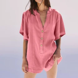 Solid Color V-neck Cotton Shorts Jumpsuit Women Spring Fashion Straight Playsuit Romper Summer Short Sleeve Loose Beach Overalls