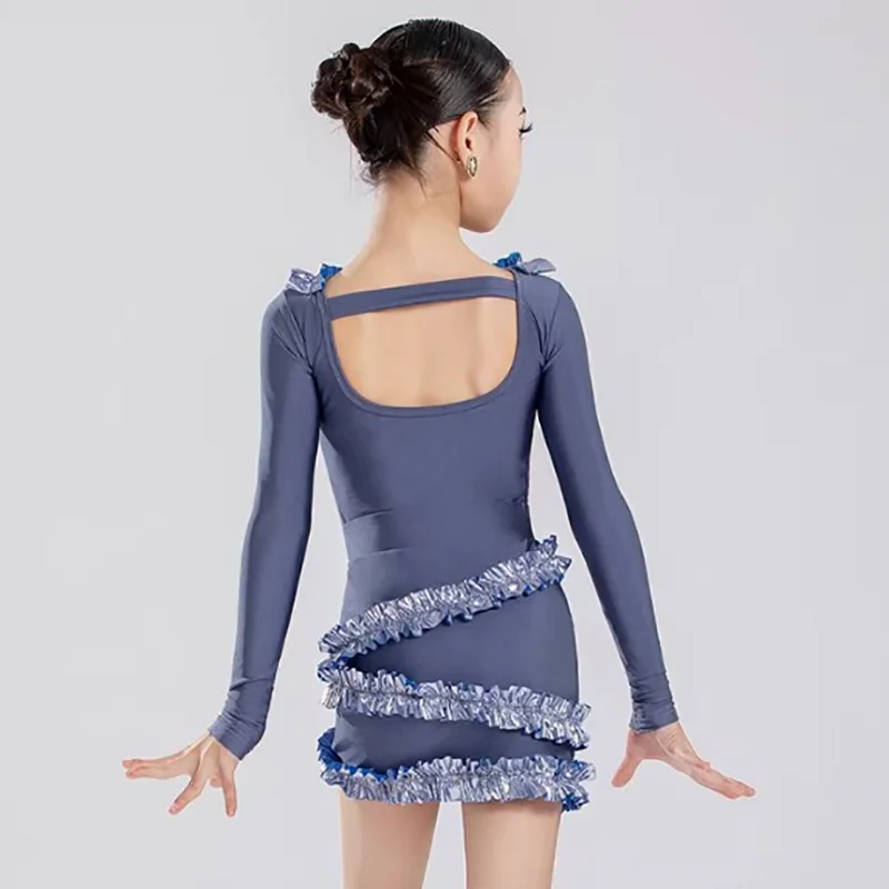 

Kids Children New Latin Dance Costume for Girls Pleated Lace Practice Dancewear Stage Performance Split Bodysuit and Skirts Set