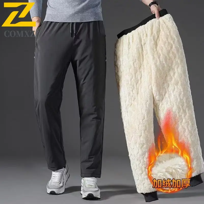 

2026 Winter Warm Fleece Pants Men Quality Casual Thickened Cold-proof Lambswool Padded Pants Snow Hunting Waterproof Trousers