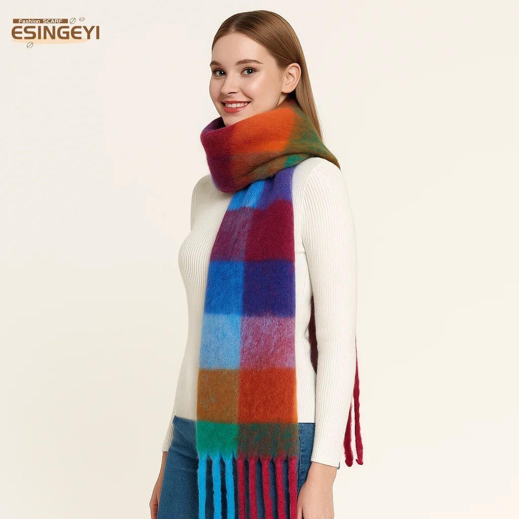 ESINGEYI 2025 зимние шарфы, женские платки, пряжа-петля, круг, женский шарф, шейный платок, волосатая кисточка, клетчатая красочная шаль с цветочным принтом