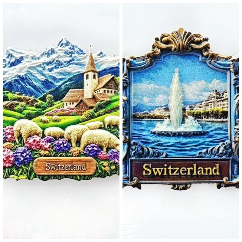 

Swiss Alps & Geneva Fountain Fridge Magnet - 3D Mountain Lake Souvenir Alpine Landscape Decor Unique Europe Gift