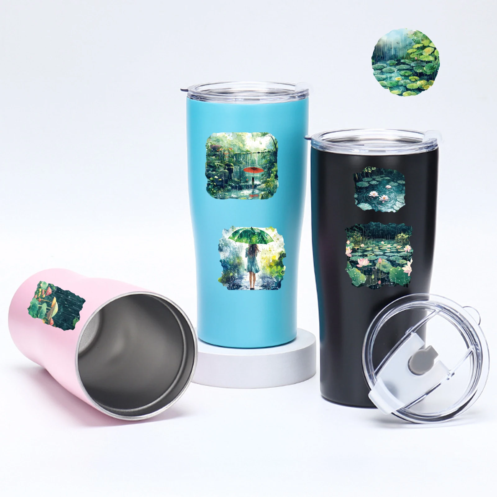 40 Uds. De pegatinas de escena de lluvia de loto de campo para ordenador portátil, equipaje, fundas de teléfono, diario, decoración del hogar, paquete de pegatinas de juguete clásico para niños