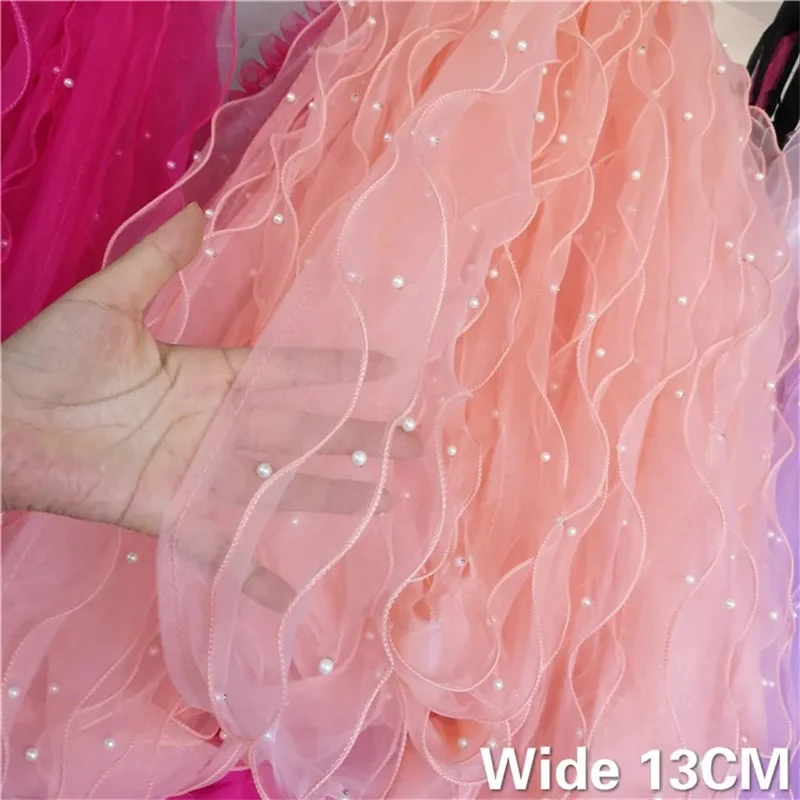 13CM Wide Three Layers Tulle Organza Fabirc 3d Lace Ruffle Trim Beaded Fringe Ribbon Fluffy Skirts Wedding Dress Sewing Supplies