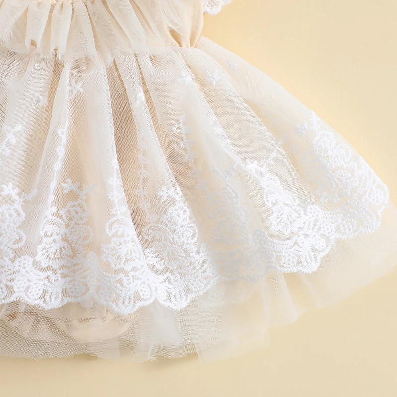 2022-12-30 Lioraitiin 0-18M Baby Girls Dress Fly Sleeve Crew Neck Flower Lace Tulle Patchwork A-line Romper Dress