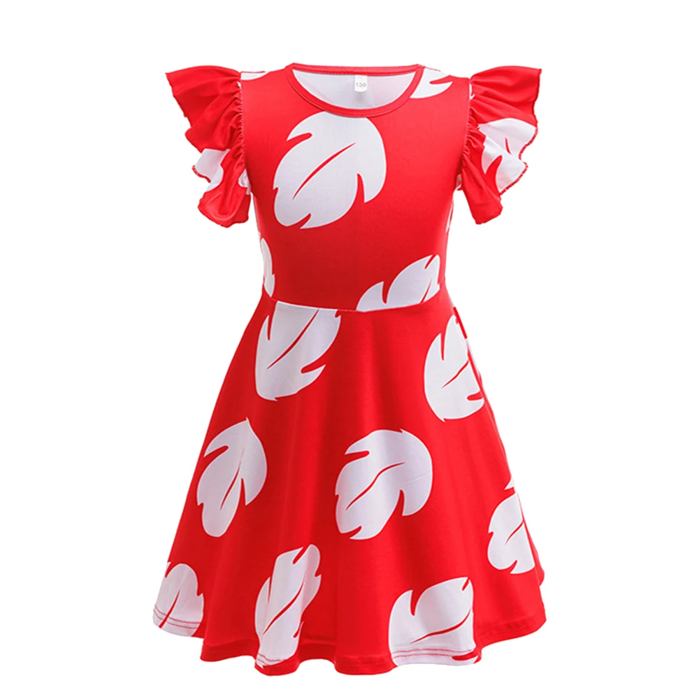Cute Tropical Cartoon Dress for Girls Summer Hawaiian Costume Red Leaf Pattern Kids Knee Length Skirt with Flowy Sleeves 3-10Y view 2
