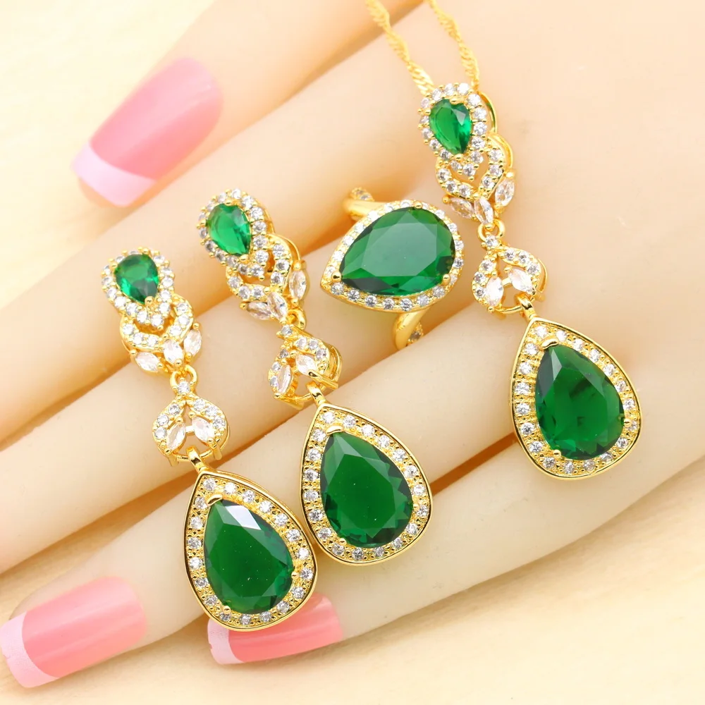 Green Crystal Water Drop Gold Plated Jewelry Sets For Women Wedding Bracelet Earrings Necklace Pendant Ring Party Gift