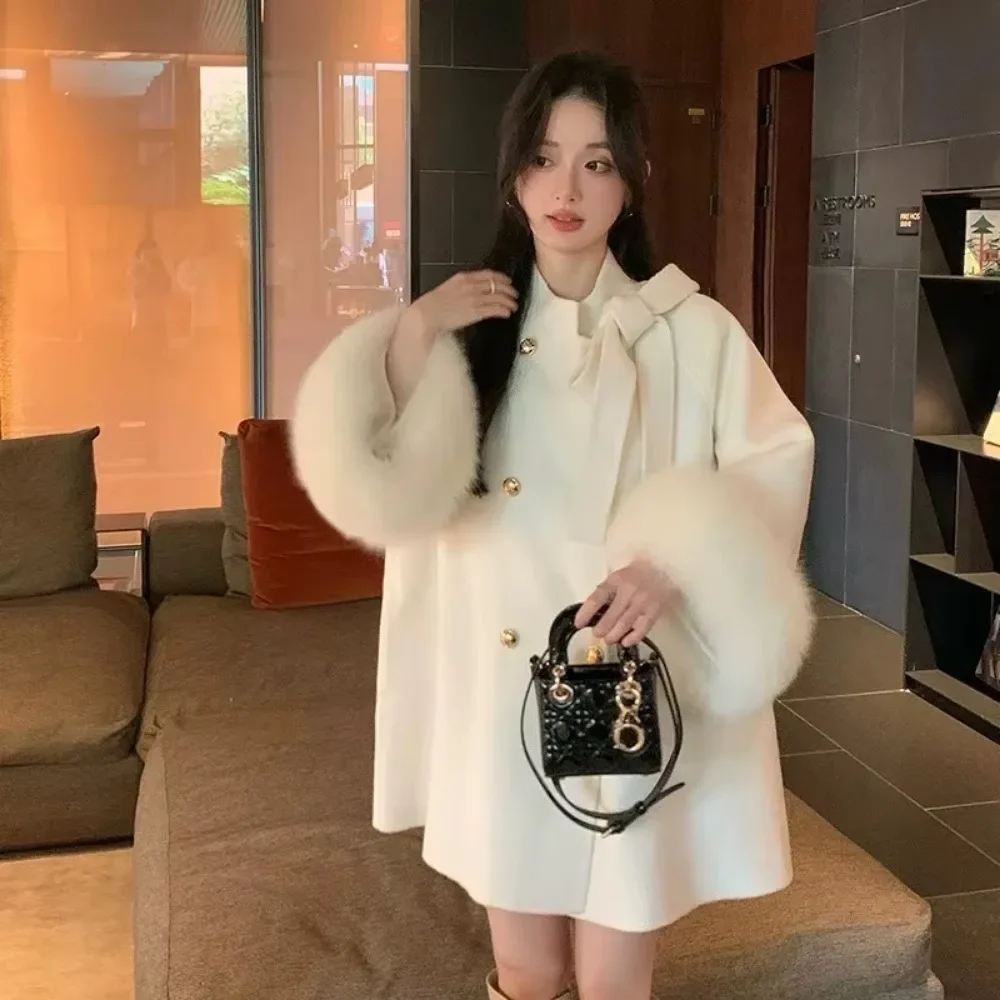 

OFTBUY Real Fox Fur Woolen Coat Warm Elegant Bow Casual Party Female 2025 New Solid Vintage Chic Loose Overcoat Clothing Women
