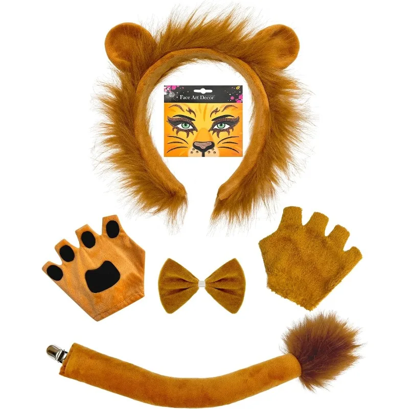 5PCS Lion Costume Set Mane Headband Tail Bowtie Paws Halloween Dress Up Safari Jungle Animal Halloween Birthday Party Dress Up