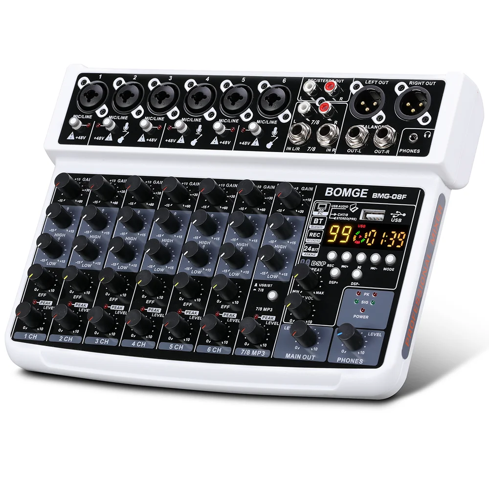 BOMGE 8 channel mini audio mixer  Line Mixer ，DC 5V，Bluetooth,48V ,24DSP  effects  for Small Clubs or Bars, Studio Recording