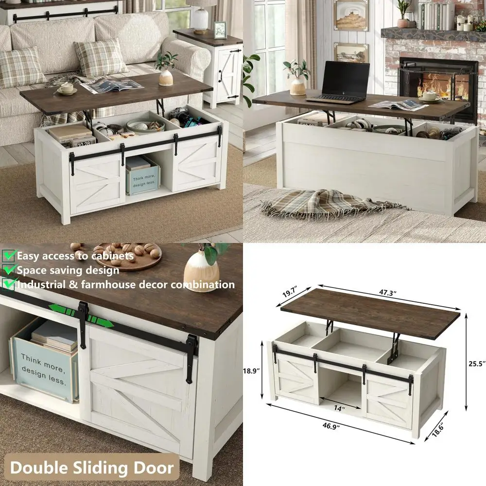 

Modern Farmhouse Rustic Rectangle Coffee Table with Lift Top Storage and Sliding Barn Doors