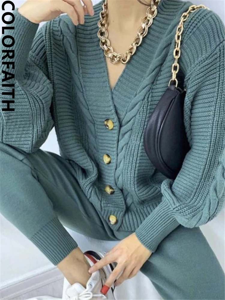 Colorfaith 2022 New Sets Two Pieces Cardigans With Pants Knitted Spring Winter Women Korean Fashion Chic Tracksuit Suit WS2002JX