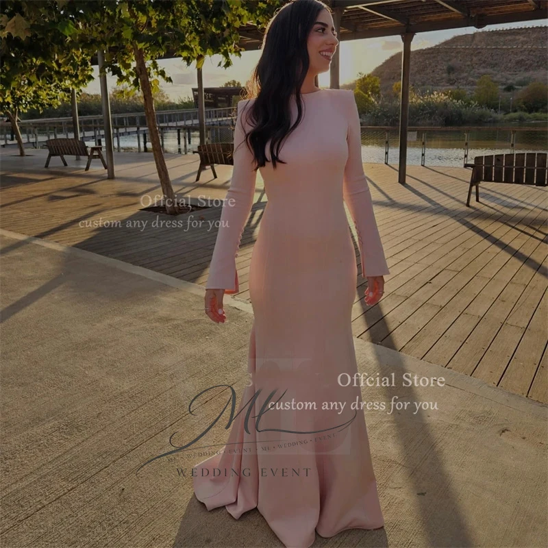 

ML Customized Mermaid Evening Dresses Arabia Pink Long Sleeves Formal Party Dresses Women Wedding Party Gowns vestidos de noche