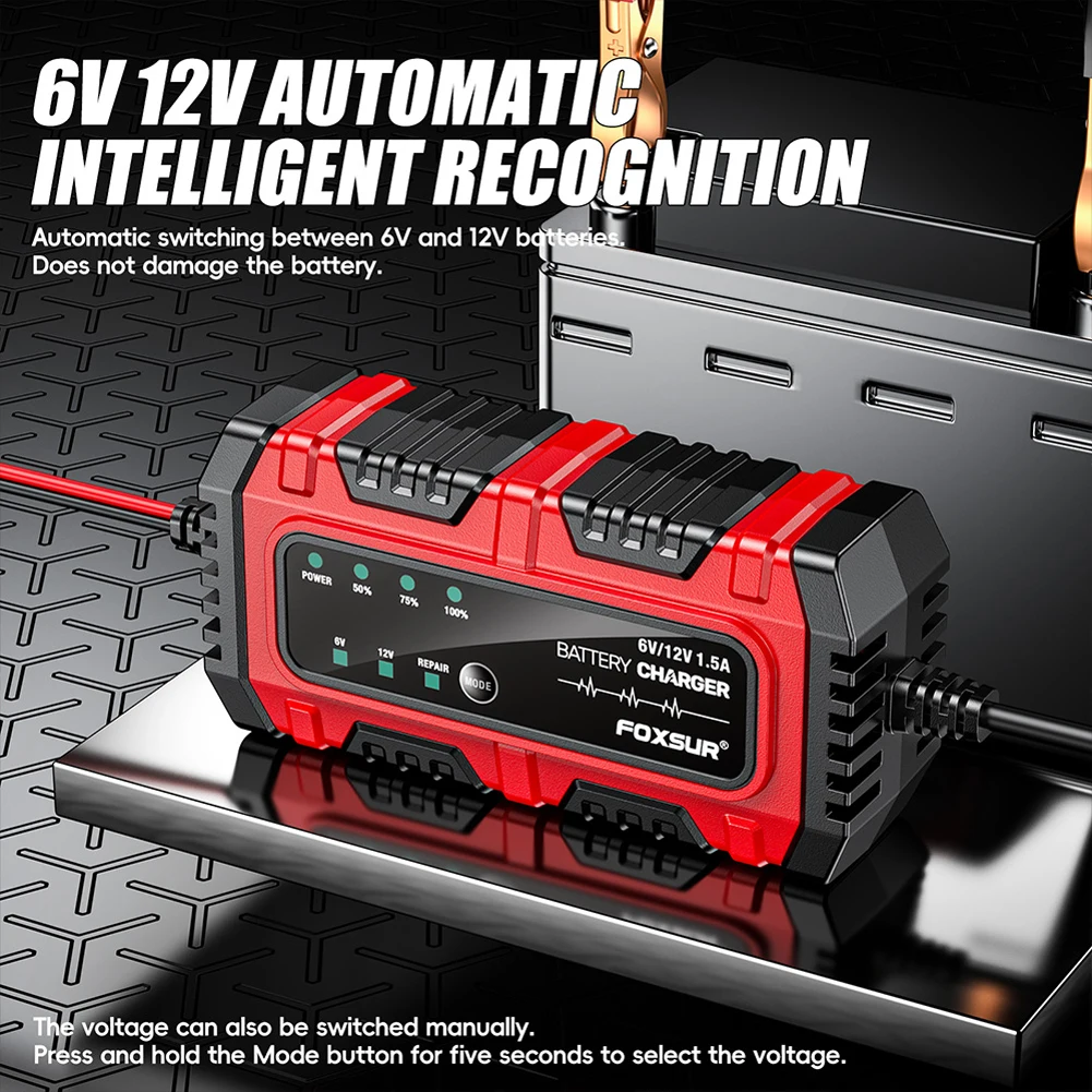 6V 12V 1.5A Smart Charger Car and Motorcycle Battery Charging Unit for Car Truck Boat SUV Lead-Acid AGM GEL Batteries