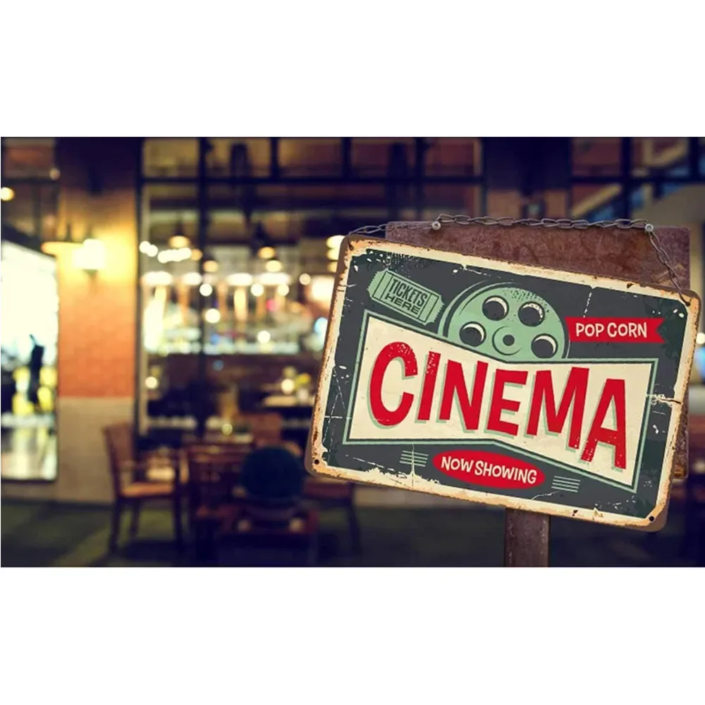 Cinema Tin Sign,Tickets Here Pop Corn and Movie Now Showing Vintage Metal Tin Signs Cafes Bars Pubs Wall Decor Funny Retro Signs