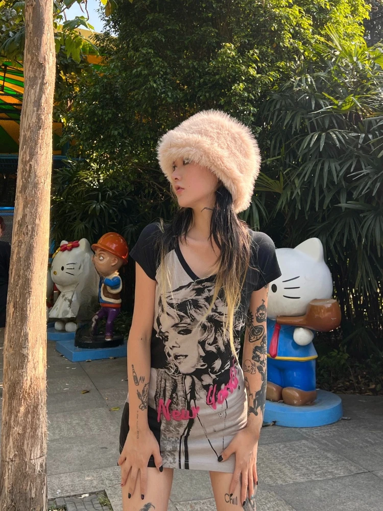 Gothic Sexy American Vintage Subkultur Kurzarm Kleid 2000er Jahre Print Bodycon Minikleid Sommer Y2k Einteiliges Kleid Koreanischer Chic