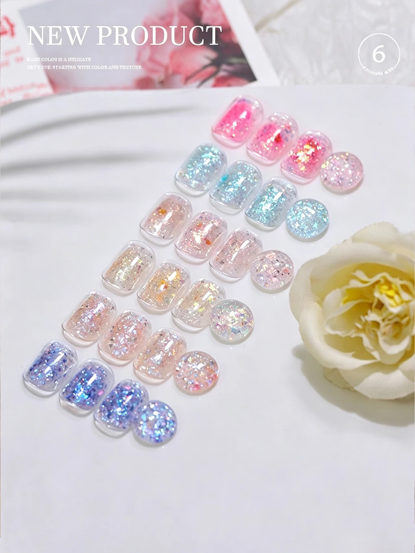 6pcs 2026 Trendy Nail Fashion Gel Shiny Cloud Brocade Candy Fine Glitter Chunky Diamonds Transparent Nail Polish