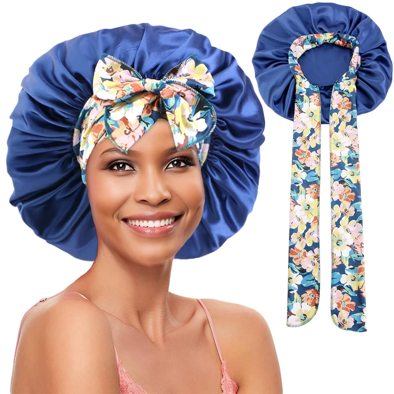 Women's Lace-up Satin Bonnet Print Wide Stretch Ties Band Long Tail Bonnet Satin Silky Sleeping Night Cap Hair Care Head Wrap