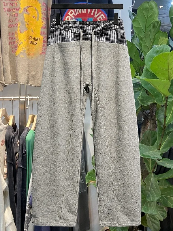 

American Retro Plaid Splicing Belted Casual Pants Men's Loose All-Match Wide Leg Sweatpants Street Sle Youth Trend