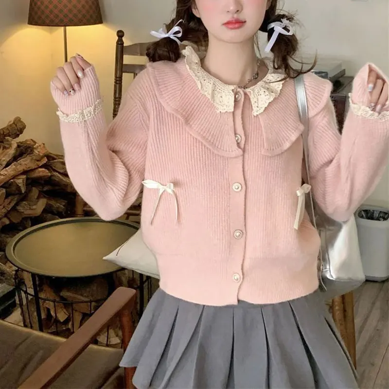 Sweet Doll Collar Lace Spliced Sweaters Autumn Winter New Fashion Bow Women\'s Clothing Long Sleeve Casual Loose Knitted Cardigan