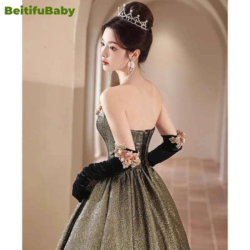 BeitifuBaby Strapless Women\'s Evening Dresses Elegant Banquet Gown Sleeveless Lace-up 3D Flower Formal Dresses for Women Vestido