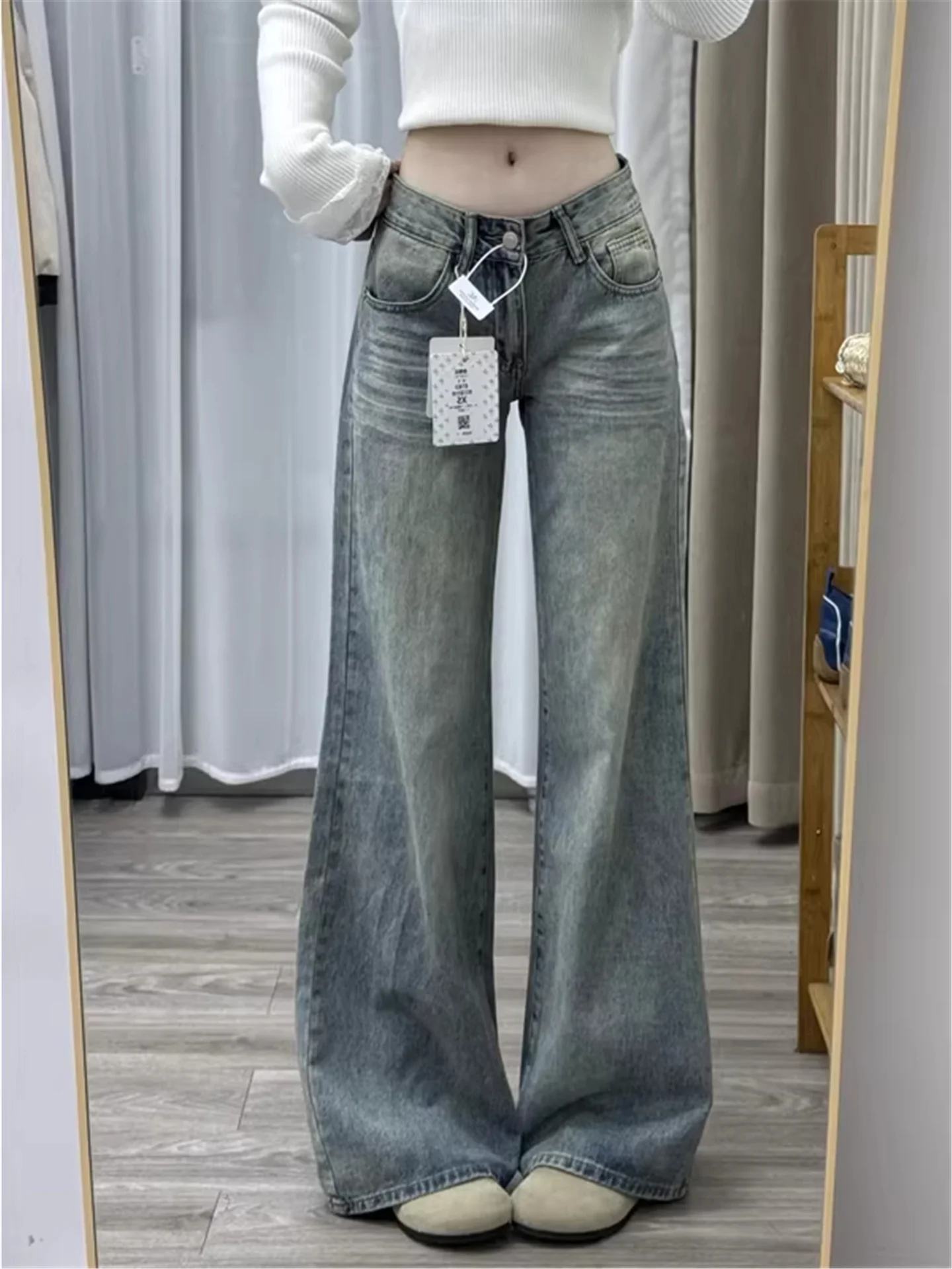 

Retro American Low-Waist Bell Bottom Jeans Women's Loose Drapey High Waist Extended Wide Leg Pants Casual Cotton Denim