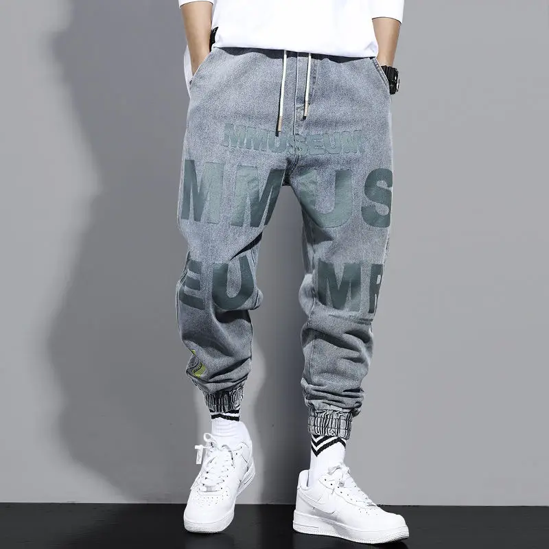 Biker Sle Letter Print Cuffed Jeans Harajuku Loose Fit Casual Pants Motorcycle Wind Resistant Trousers for Teen Boys