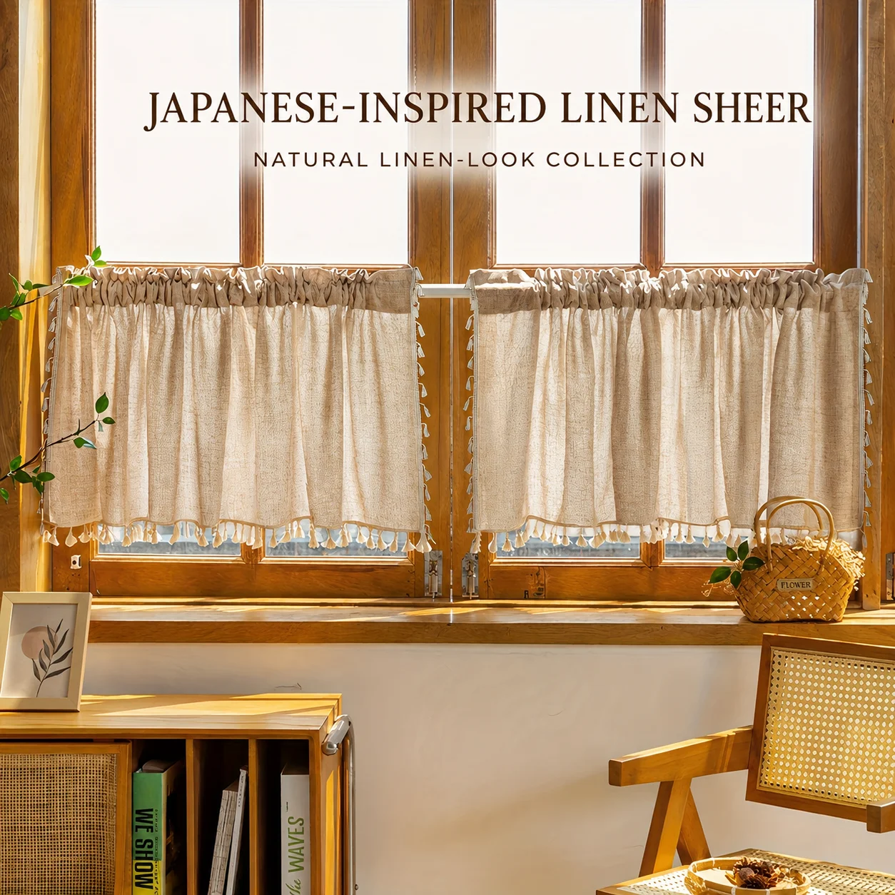 2PCS Natural Linen-Look Tier Curtains, Japanese Style Tassel Fringe Café Curtains for Kitchen Windows