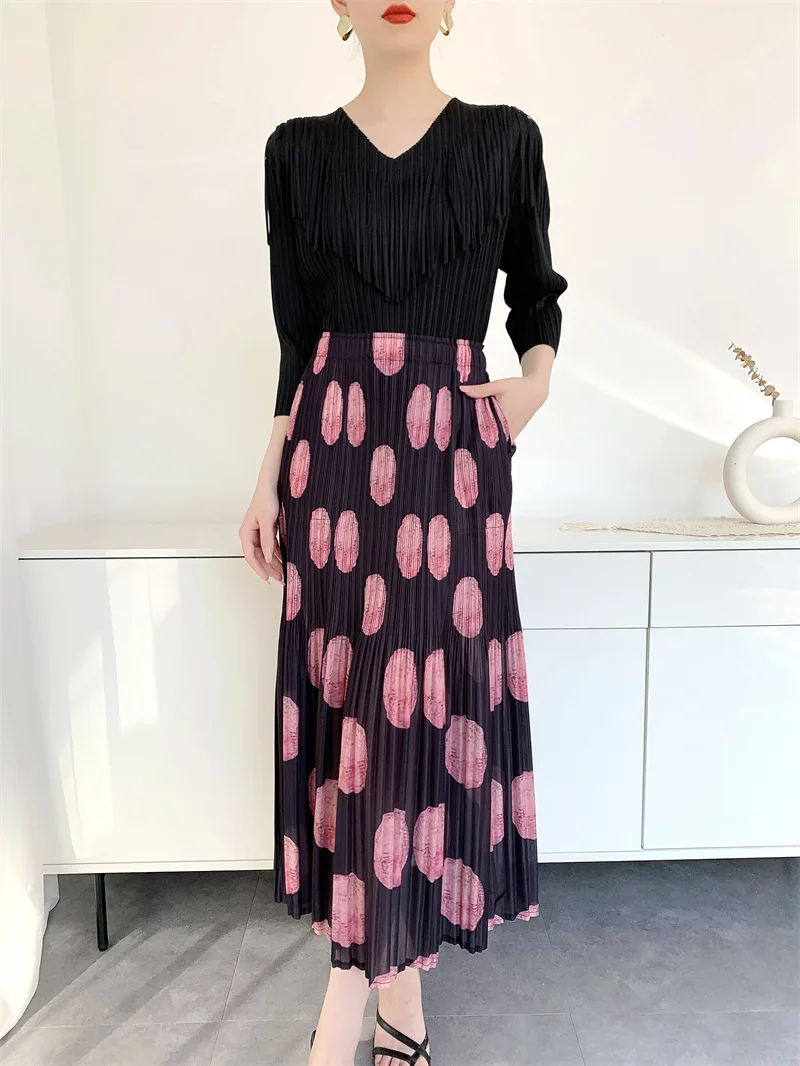 Miyake Plissierter, gepunkteter Halbrock, 2023, Sommer, neu, bedruckt, hohe Taille, dünn, elastische Taille, drapierter Faltenrock